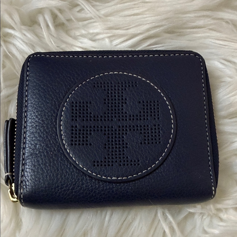 Tory Burch Navy Perforated Double-T Zip Wallet